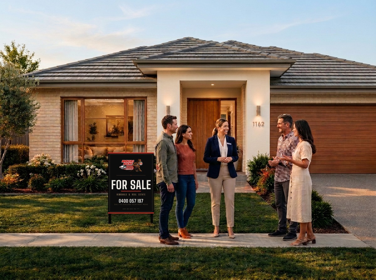 Agent with two couples beside the Movers Agent branded For Sale signboard